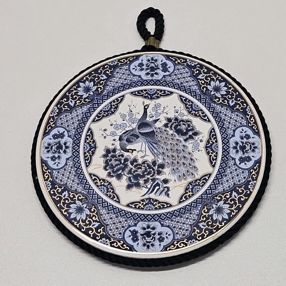Vintage 6" Round Ceramic Tile Asian Scene Peacocks Floral Cork Back Blue White